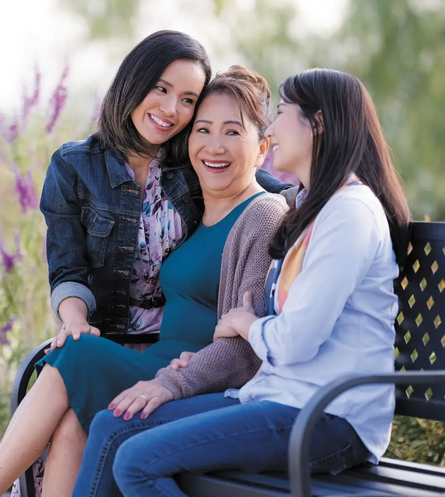 Three women sitting on a park bench